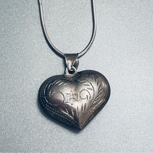 Vintage Etched 3D Heart Sterling Silver Pendant Necklace